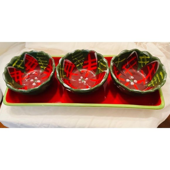 SCM Designs Poinsettia Small Dip Bowls with Matching Ceramic Tray - Picture 1 of 6